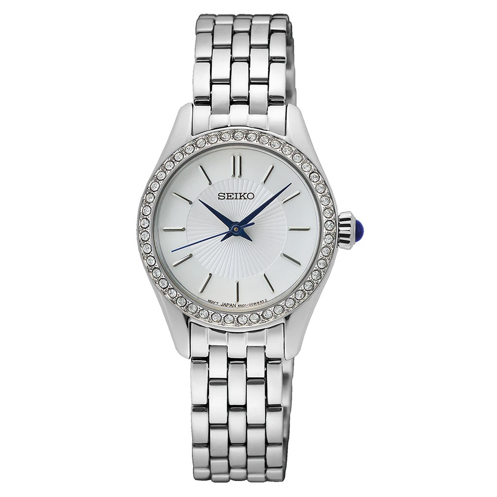 Montre Seiko en Acier Inoxydable avec Lunette de Cristaux – Cadran Argenté, 30mm | Doucet Latendresse