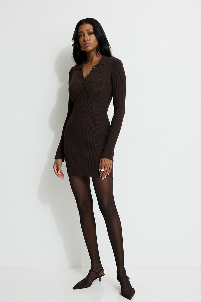 Ribbed Mini Sweater Polo Dress