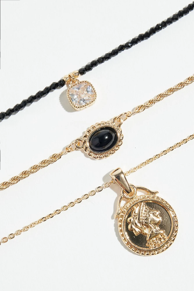 Ensemble de 3 colliers à médaillons et à perles de verre