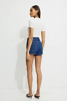 Short en denim ultra-écourté surpiqué à taille haute