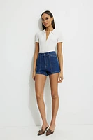 Short en denim ultra-écourté surpiqué à taille haute