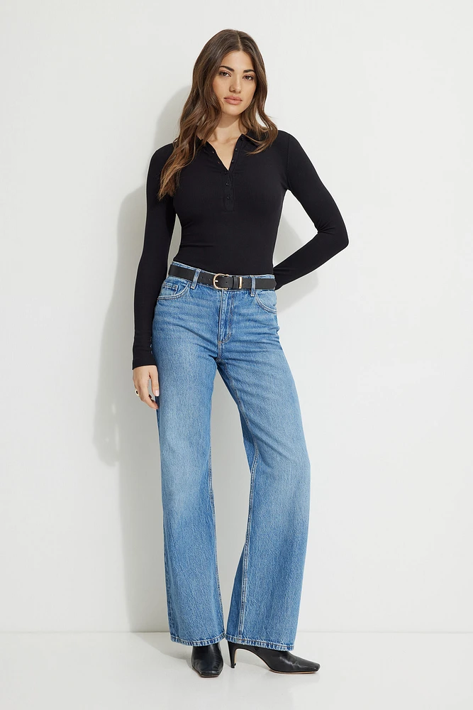 Ribbed Long Sleeve Polo Top