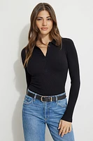 Ribbed Long Sleeve Polo Top