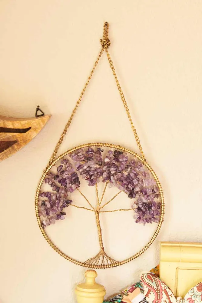 Circular Metal Tree of Life Wall Hanging with Amethyst