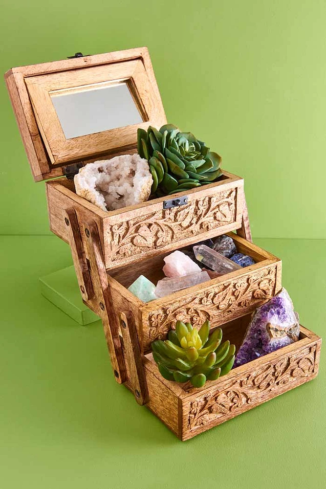 Carved Floral Three-Tiered Box