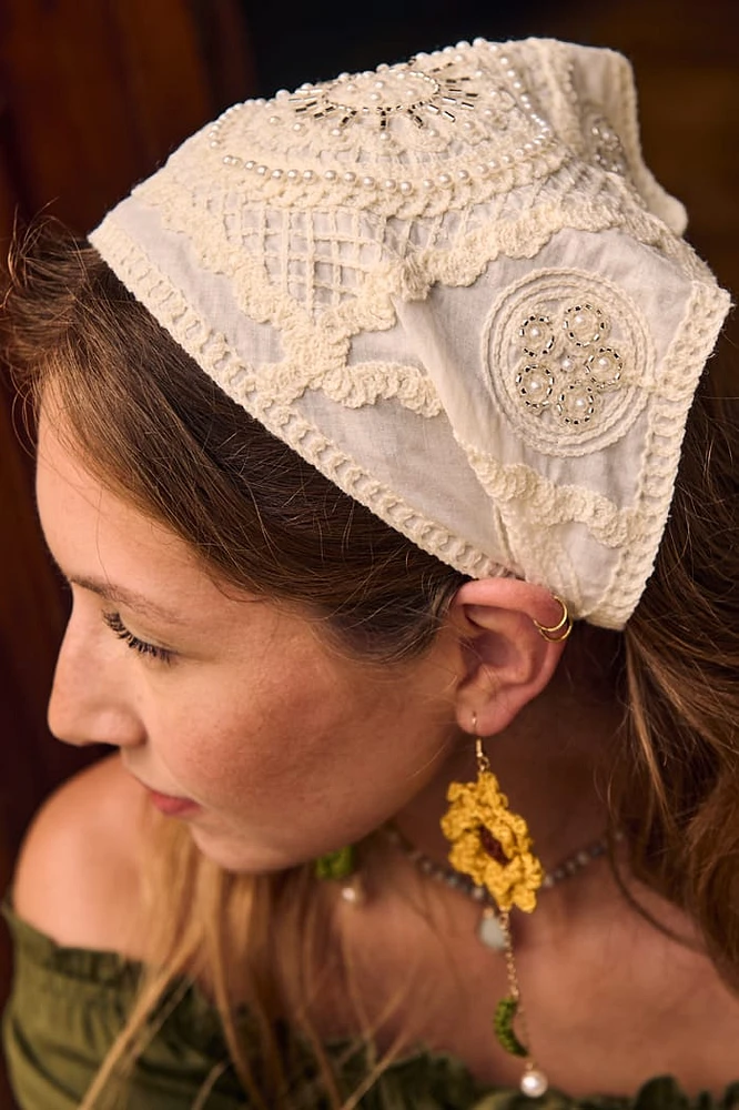 Pearl Beaded Lace Hair Scarf