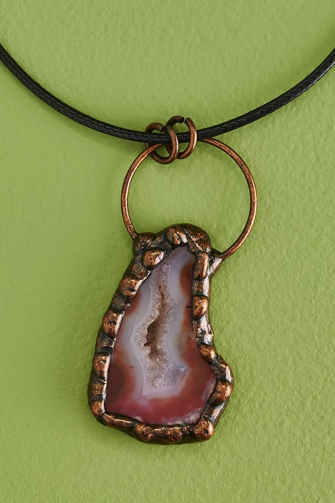 Orange Agate Brass Slice Cord Necklace