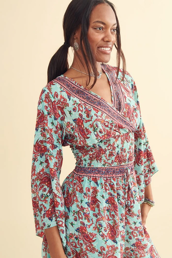 Blue Floral Bell Sleeve Shirt