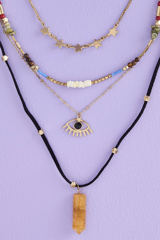 Gold Beaded and Multi-Stone Layered Necklace