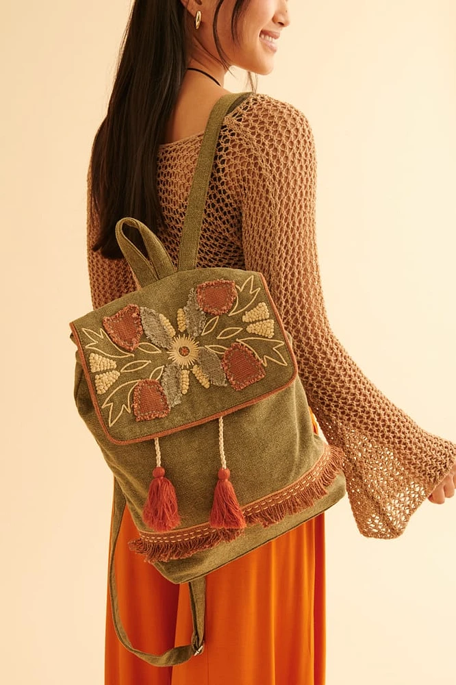 Olive Embroidered Floral Backpack