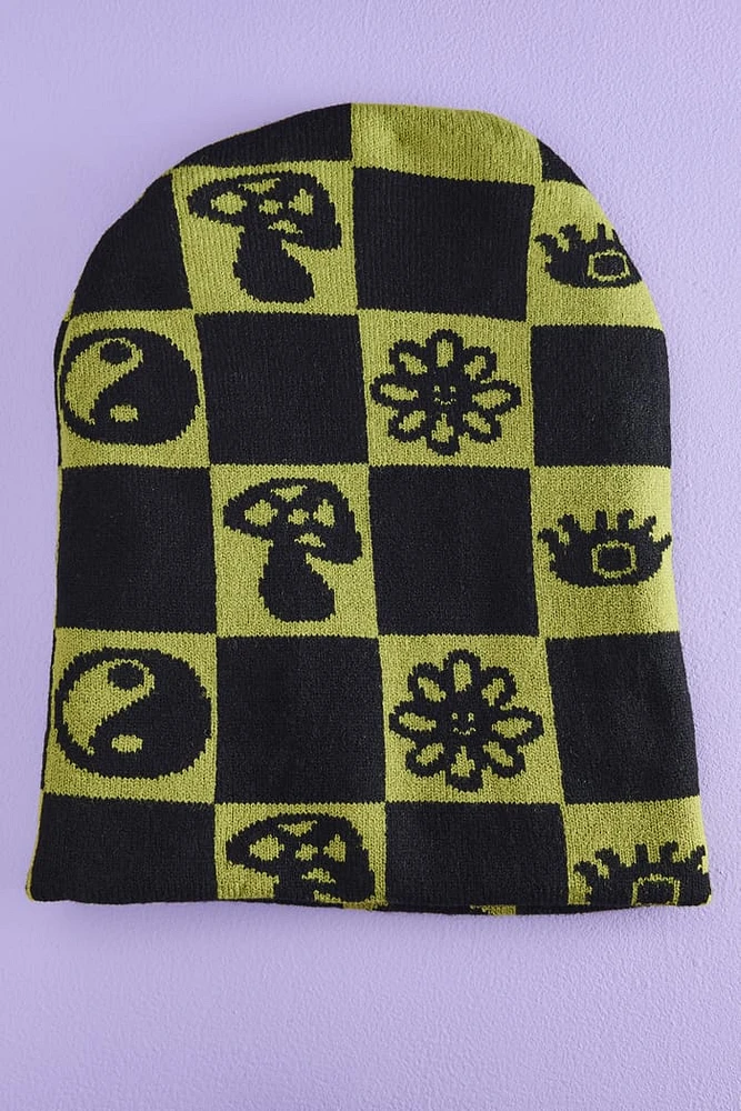 Lime boho Checker Foldover Beanie
