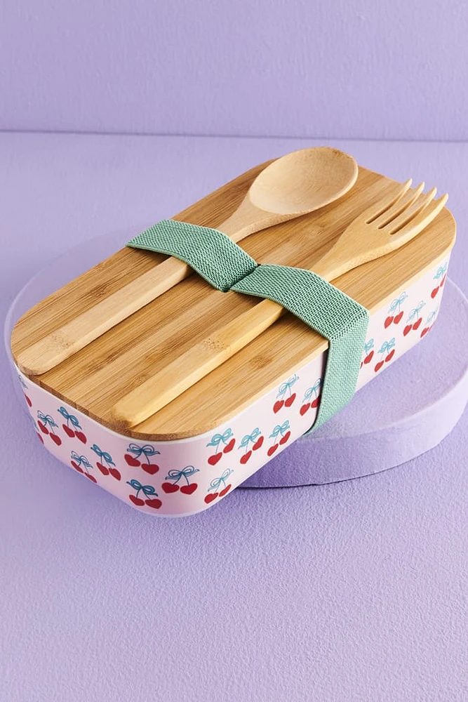 Cherry Hearts Bento Box w/ Utensils Set