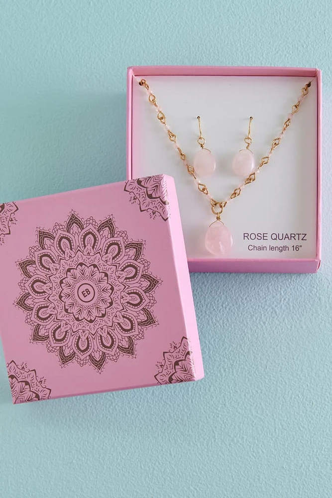 Rose Quartz Earrings and Necklace Boxed Set