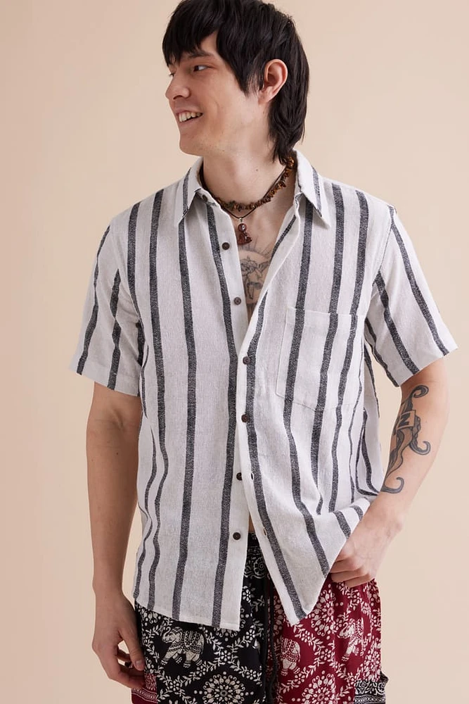 White and Black Striped Camp Shirt