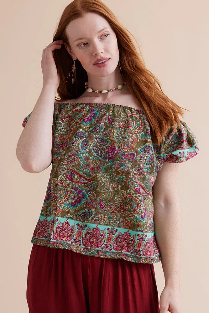 Turquoise Sari Off Shoulder Puff Sleeve Shirt
