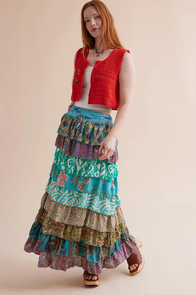 Blue Assorted Tiered Sari Maxi Skirt