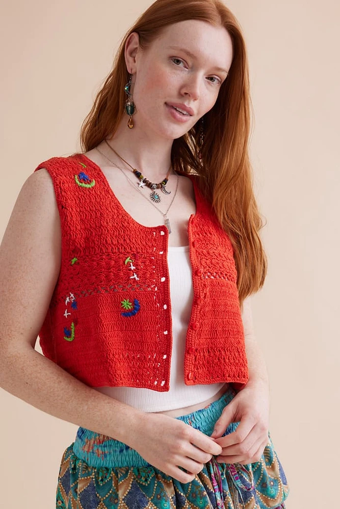 Tangerine Embroidered Moon Crochet Vest