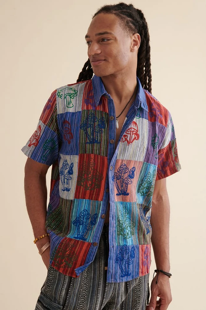 Rainbow Mushroom Stamp Patchwork Camp Shirt