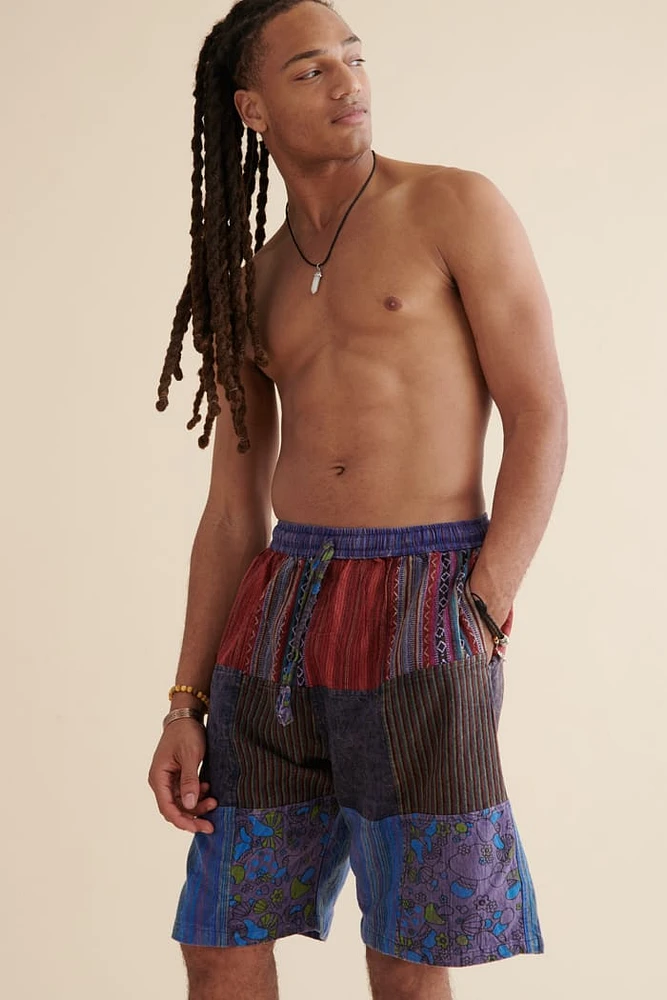 Blue Overdyed Assorted Patchwork Shorts