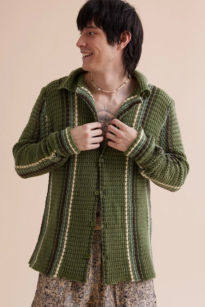 Olive Striped Crochet Long Sleeve Shirt