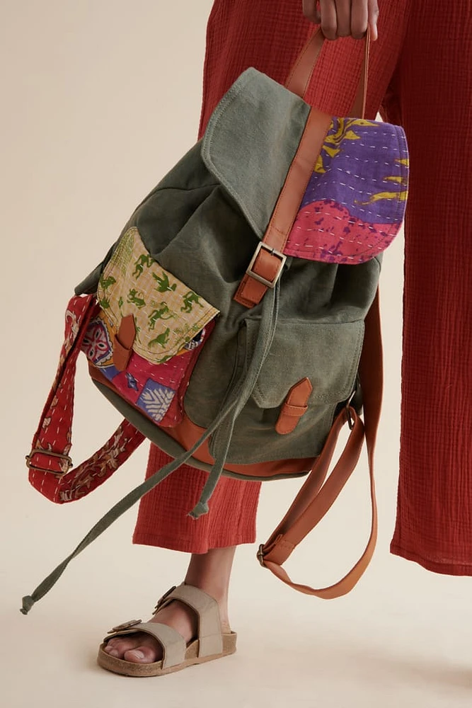 Assorted Olive Kantha Backpack