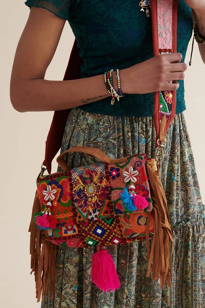 Coastal Patchwork Fringe Crossbody Bag
