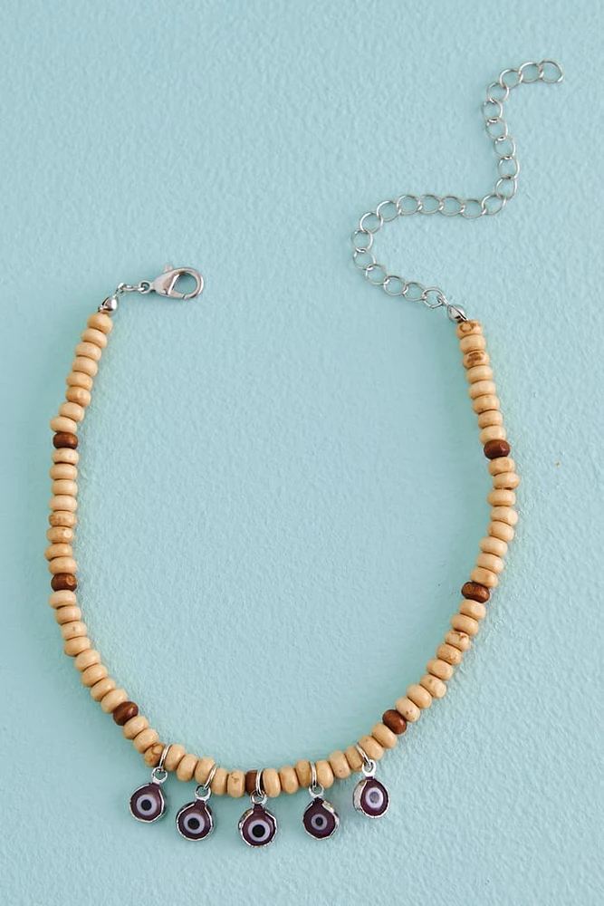 Mini Evil Eye Wood Beaded Anklet
