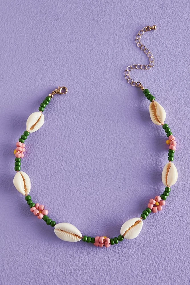 Cowrie Shell Pink Flower Bead Choker Necklace