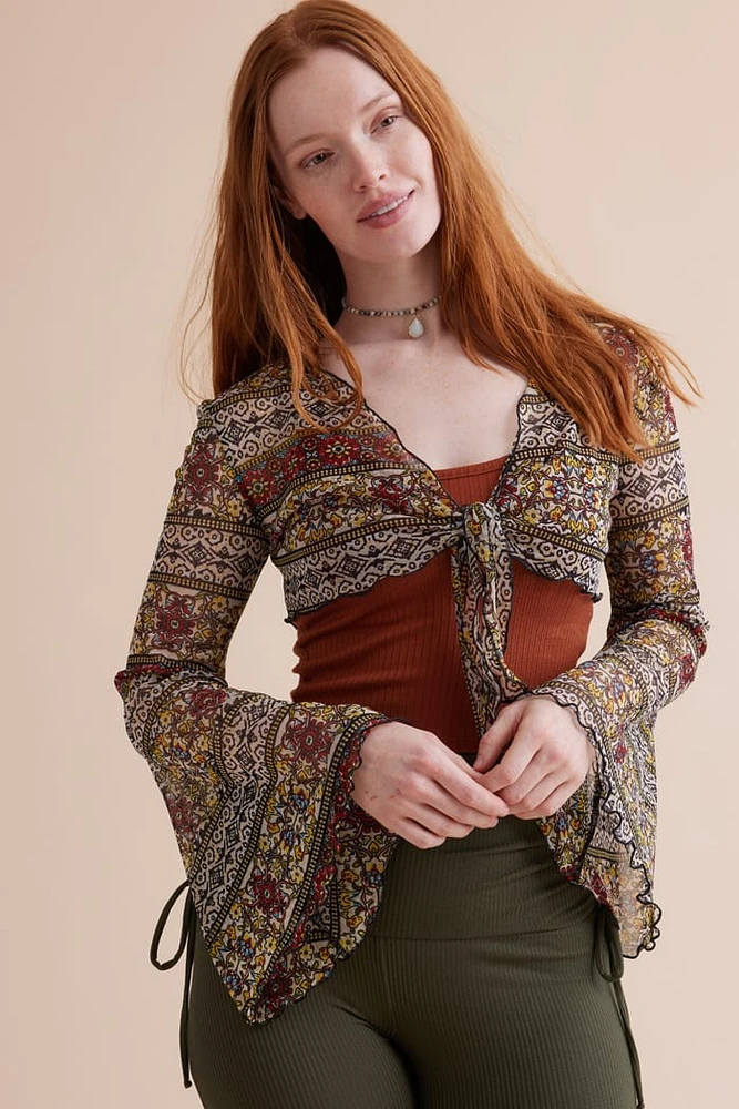 Floral Front Tie Sheer Mesh Shrug
