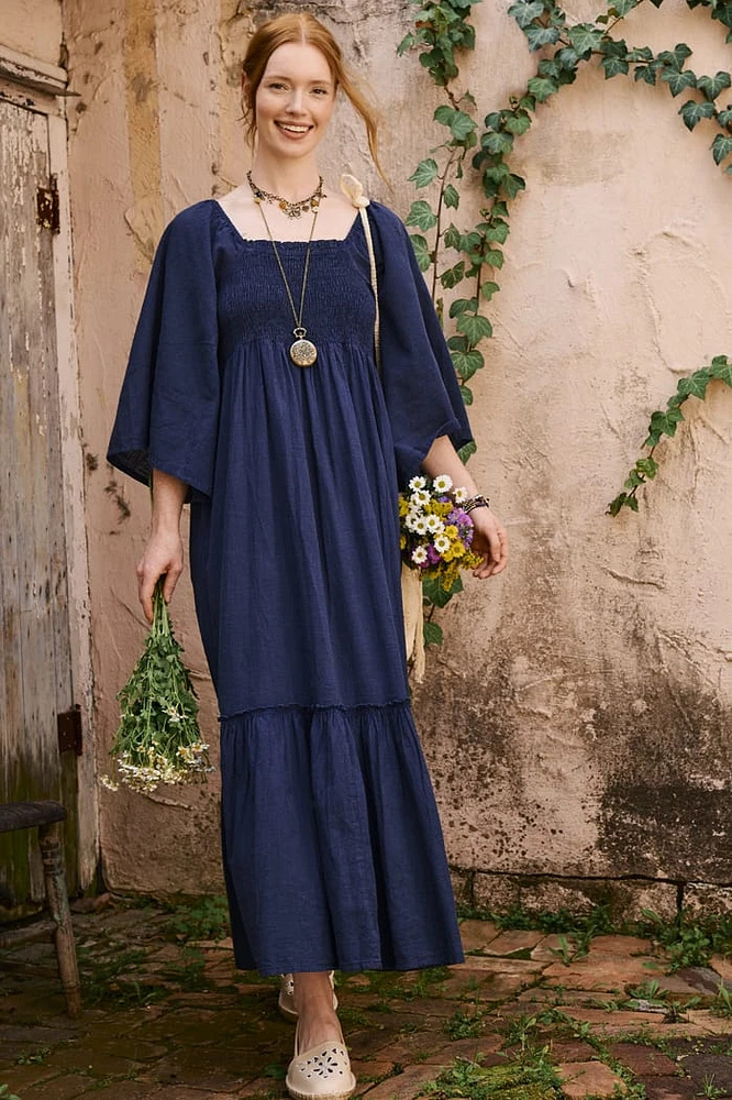 Navy Blue Shirred Maxi Dress