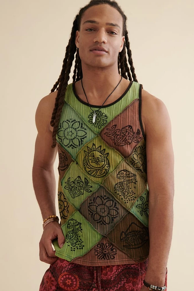 Green Mushroom Stamp Patchwork Tank