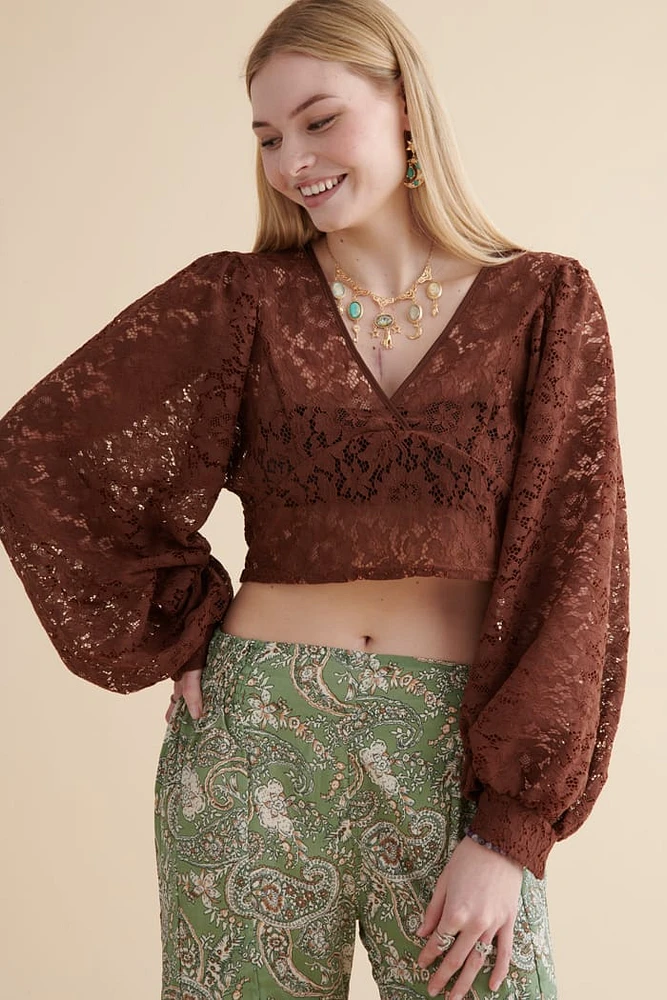 Brown Lace Balloon Sleeve Shirt