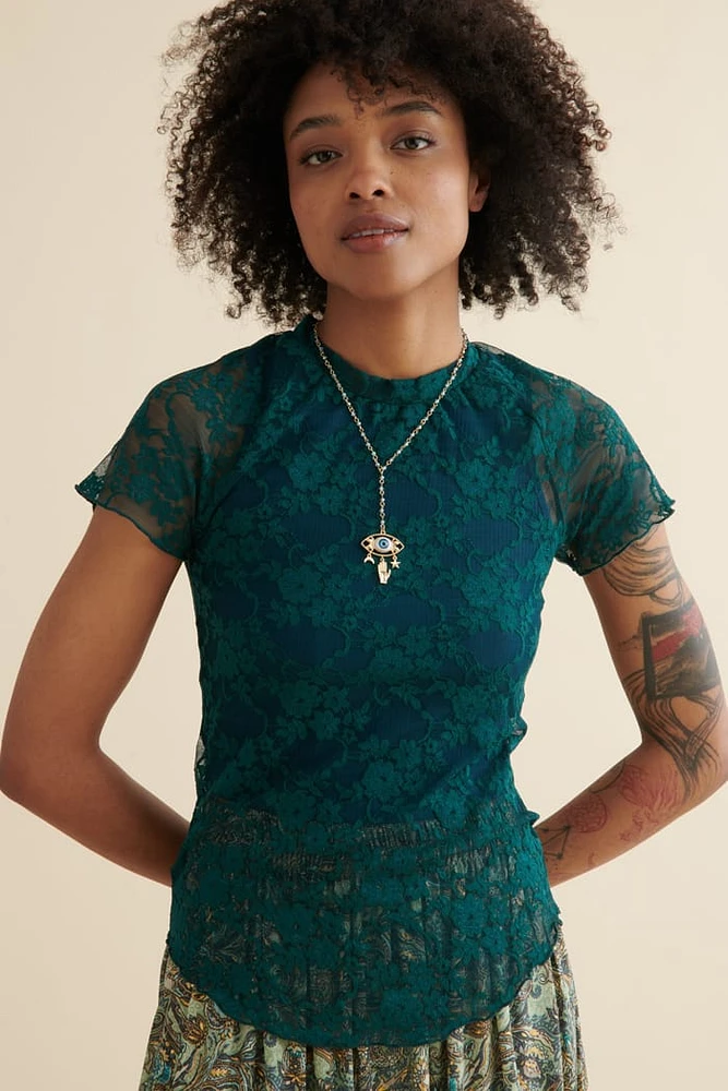 Teal Coquette Lace Shirt