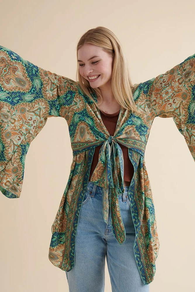 Teal Sari Bell Sleeve Wrap Top