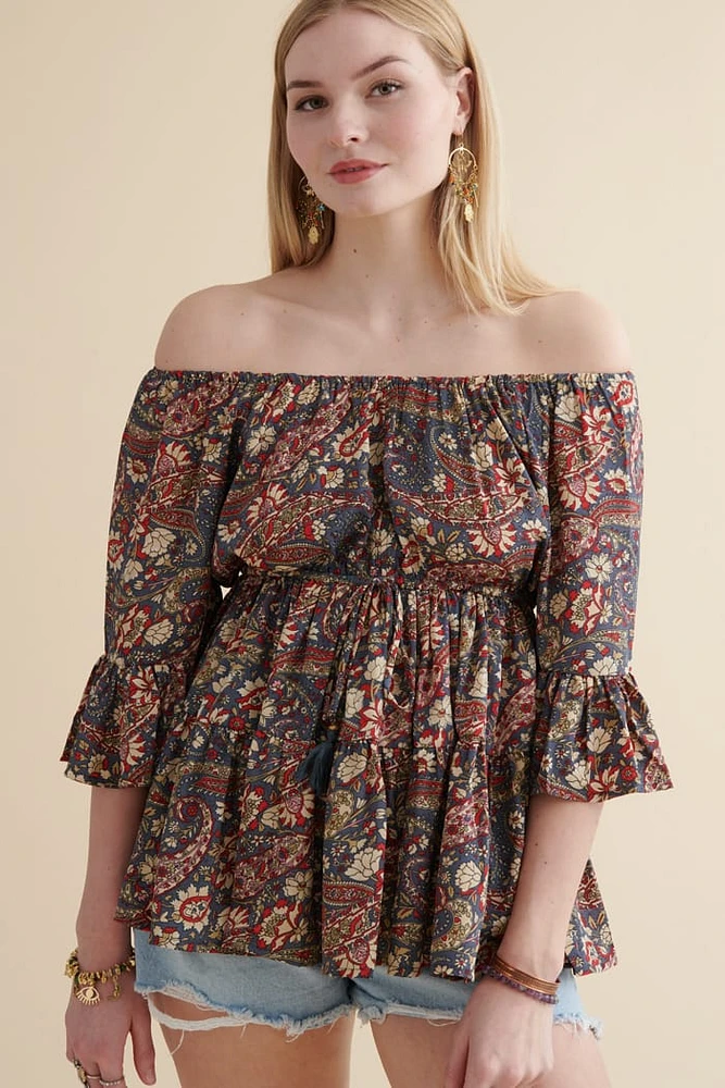 Crimson Garden Off Shoulder Peasant Shirt