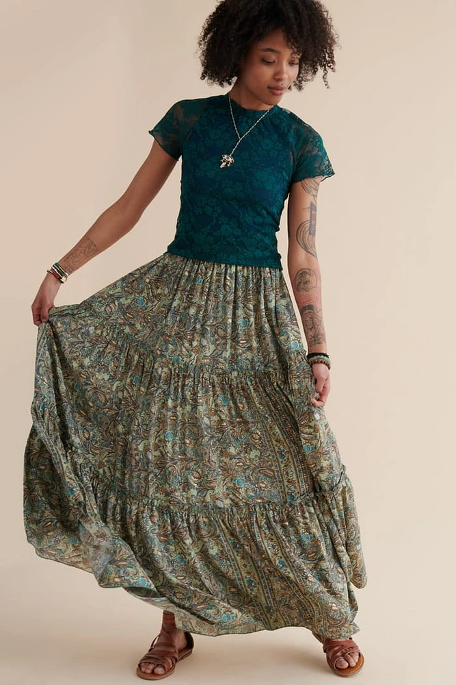 Green Paisley Tiered Sari Maxi Skirt