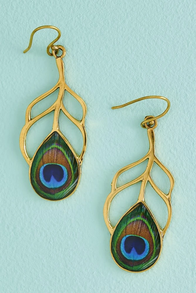 Gold Faux Peacock Feather Earrings