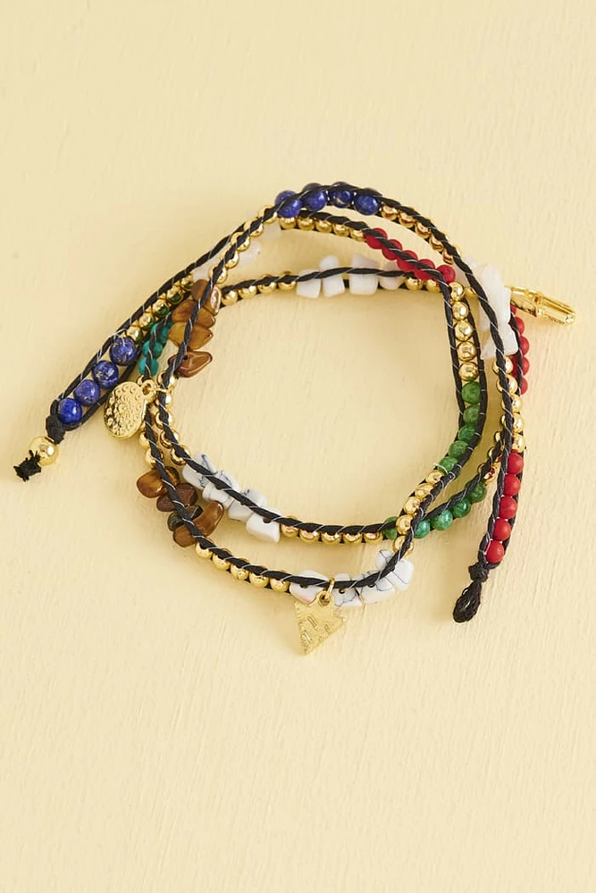 Black Multi Stone Charm Wrap Bracelet