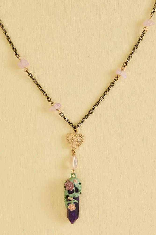 Amethyst Wrapped Floral Heart Lariat Necklace