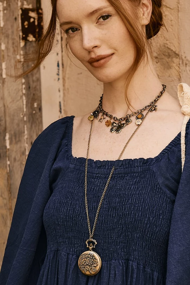 Bronze Antique Floral Pocket Watch Necklace