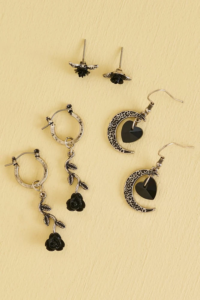 Black Moonlit Rose Earring Set