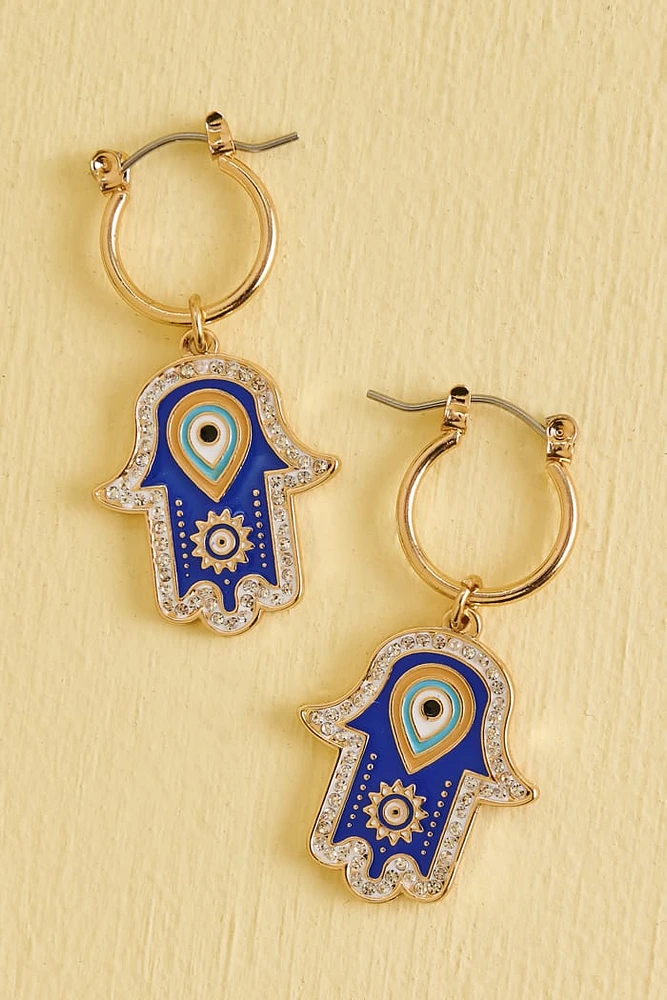 Blue Hamsa Hand Huggie Hoop Earrings