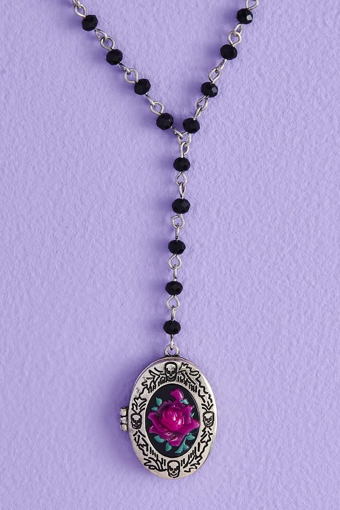 Pink Rose Beaded Locket Lariat Necklace