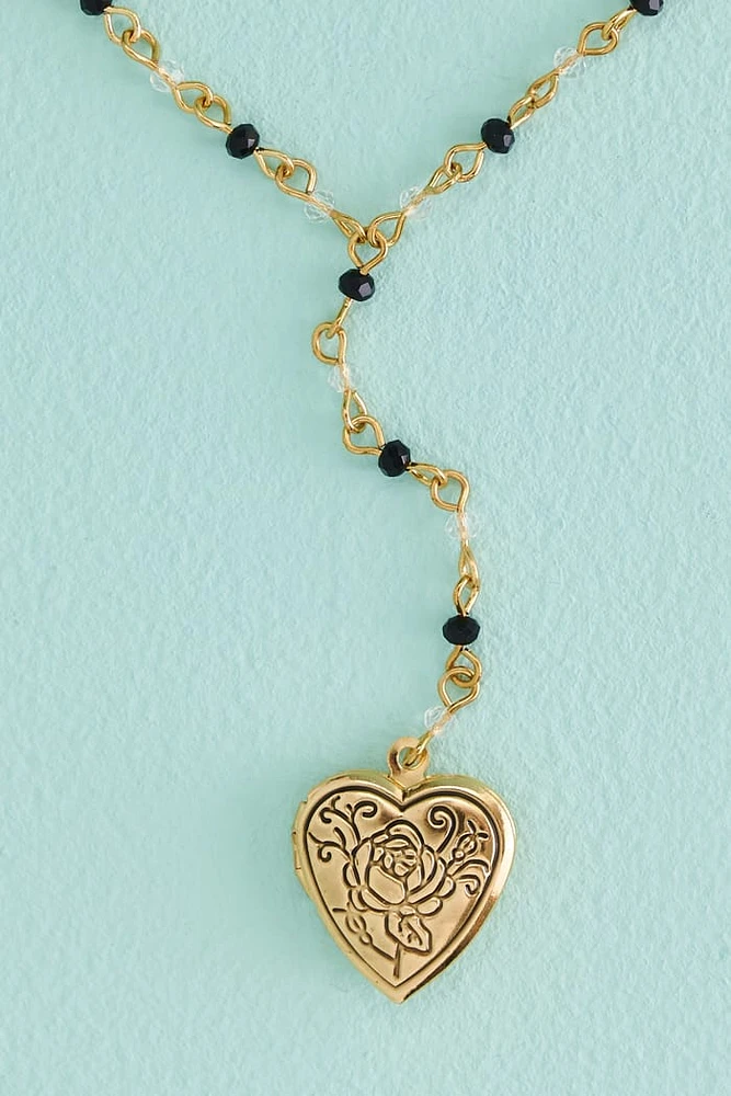 Gold Rose Heart Locket Lariat Necklace