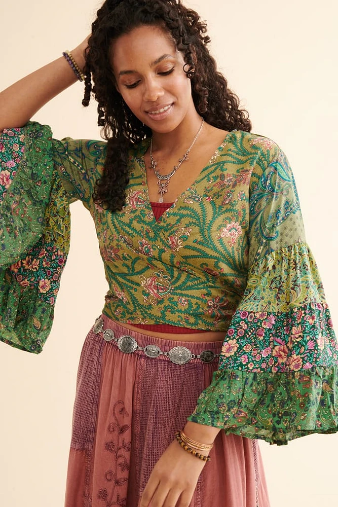 Emerald Paisley Bell Sleeve Cropped Shirt