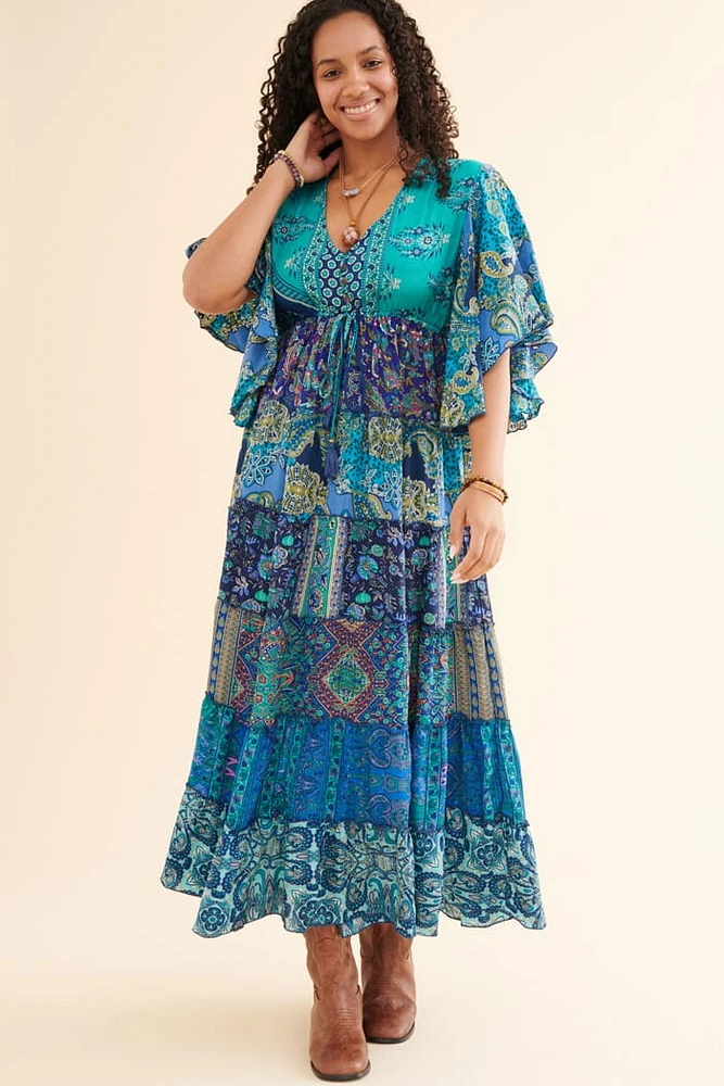 Blue Tone Assorted Sari Maxi Dress