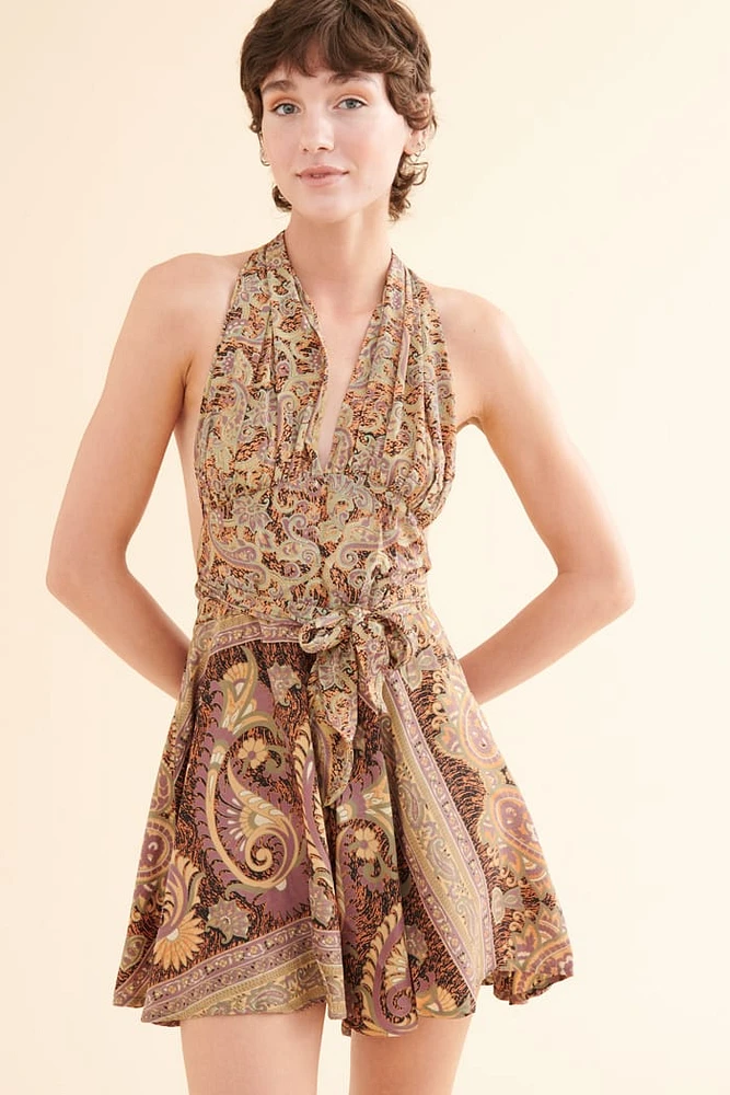 Sage Paisley Sari Halter Mini Dress