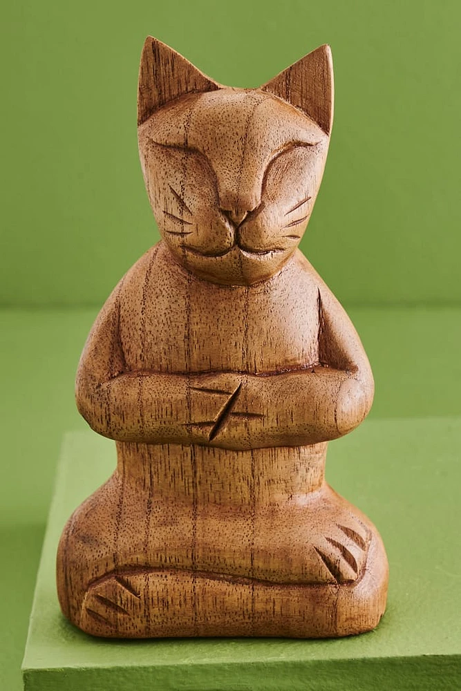 Lotus Pose Cat Wooden Statue - boho Home Decor with Zen Vibes