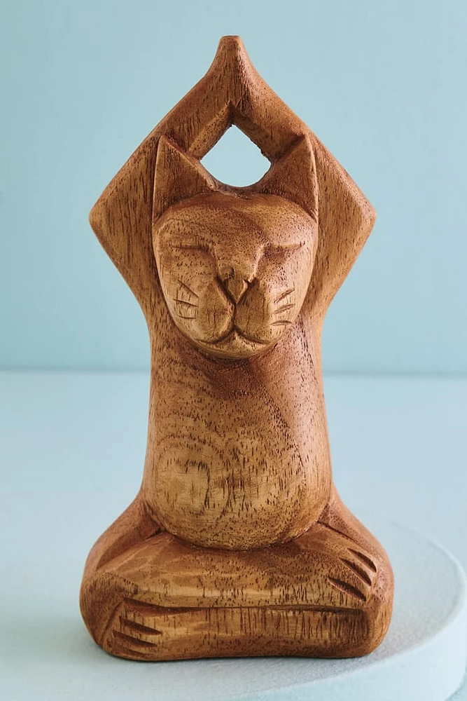 Upward Salute Cat Wooden Statue - Bohemian Zen Decor