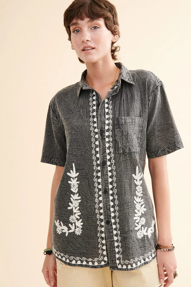 Stone Grey Embroidered Camp Shirt
